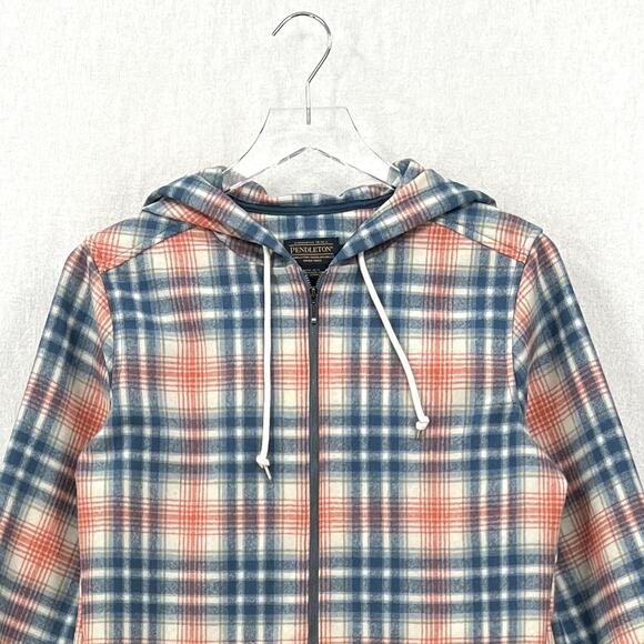 PENDLETON Boyfriend Wool Zip Hoodie Womens Small Cream Blue Pink Plaid Hooded - Picture 6 of 15